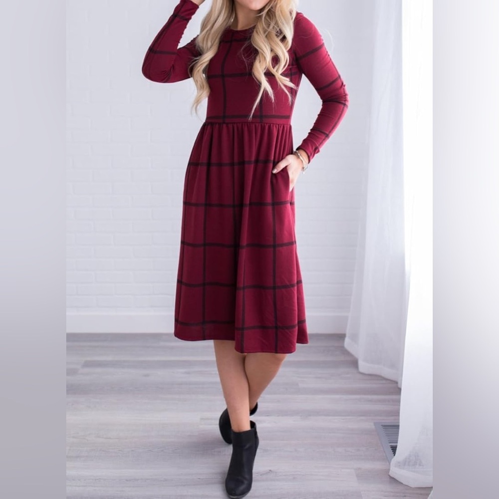 Bohome Midi Plaid Burgundy Dress Lagenlook Minimalist M